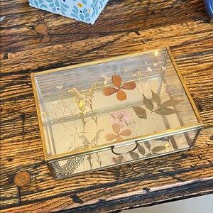 Glass Display Jewelry Box with Gold Frame and Pressed Flowers